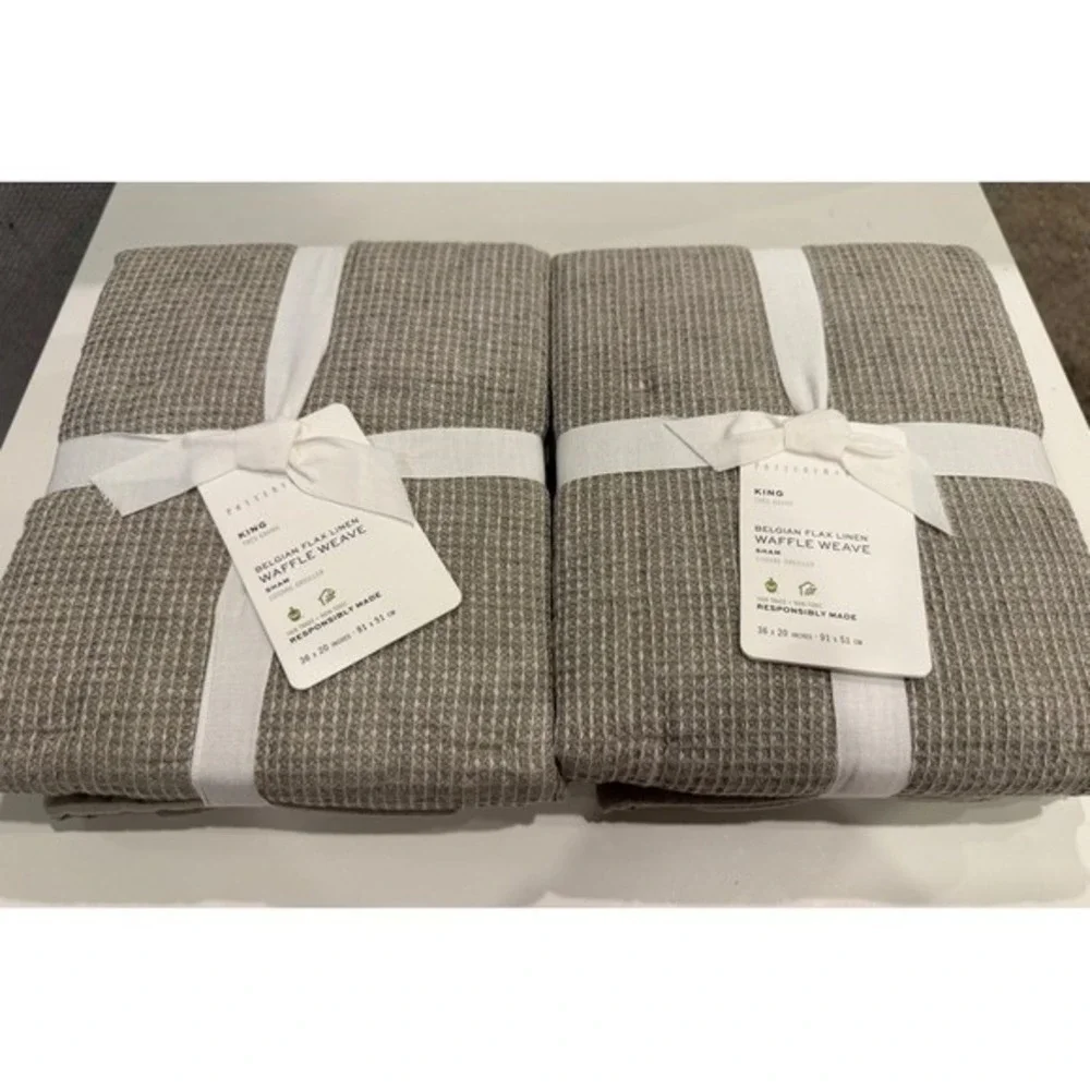 Pottery‎ Barn Belgian Flax Linen Waffle Weave King Sham Set Eucalyptus 2pc New
